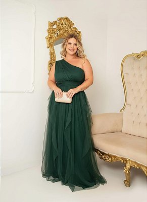 VESTIDO LONGO MICROTULE UM OMBRO SÓ PALA CINTURA SAIA EM CAMADAS VERTICAIS VERDE PETROLÉO