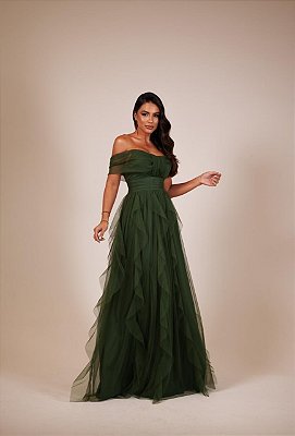 VESTIDO LONGO MICROTULE OMBRO A OMBRO PALA CINTURA SAIA COM BABADOS ASSIMÉTRICOS VERDE OLIVA