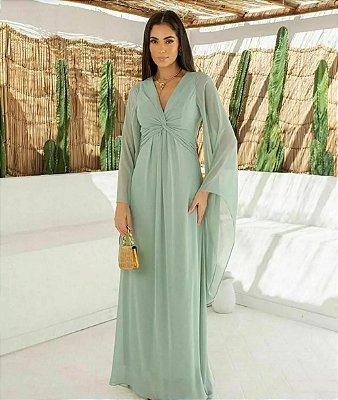 VESTIDO LONGO CHIFFON MANGA LONGA CAPA DETALHE BUSTO  VERDE MENTA