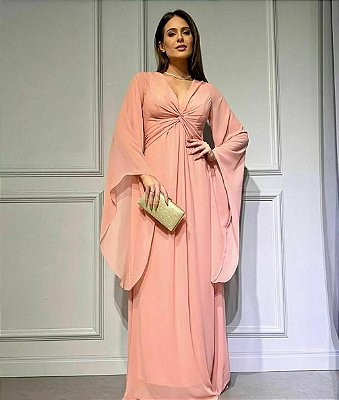 VESTIDO LONGO CHIFFON MANGA LONGA CAPA DETALHE BUSTO ROSA BEBÊ
