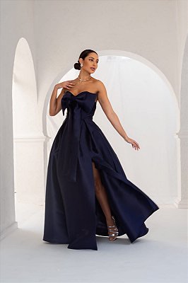 VESTIDO LONGO ZIBELINE TOMARA QUE CAIA LAÇO BUSTO REMOVÍVEL FENDA LATERAL AZUL MARINHO