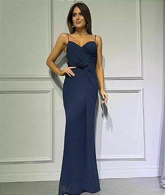 VESTIDO LONGO CHIFFON ALÇA FINA COM REGULAGEM DECOTE V AZUL MARINHO