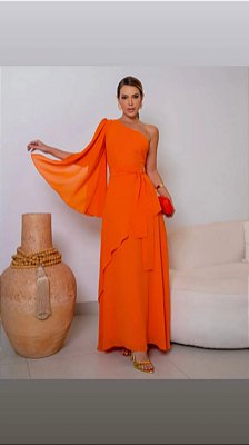 VESTIDO LONGO CREPE DE SEDA UM OMBRO SÓ ESTILO CAPA FAIXA AMARRAÇÃO LARANJA
