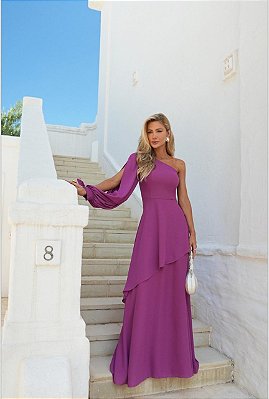 VESTIDO LONGO CREPE DE SEDA UM OMBRO SÓ DE MANGA LONGA SAIA C/BABADO ASSIMÉTRICO FUCSIA