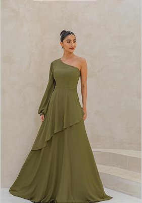VESTIDO LONGO CREPE DE SEDA UM OMBRO SÓ DE MANGA LONGA SAIA C/BABADO ASSIMÉTRICO VERDE OLIVA