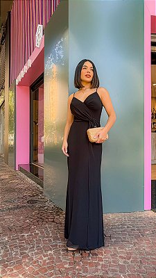 VESTIDO LONGO CHIFFON ALÇA FINA COM REGULAGEM DECOTE V PRETO