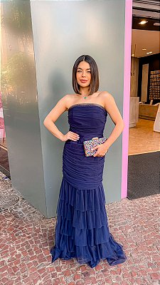 VESTIDO LONGO MICROTULE TOMARA QUE CAIA ESTILO SEREIA SAIA EM CAMADAS AZUL MARINHO