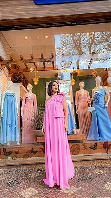 VESTIDO LONGO CREPE DE SEDA UM OMBRO SÓ COM LAÇO/FLOR ROSA BEBÊ