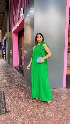 VESTIDO LONGO CREPE DE SEDA UM OMBRO SÓ COM LAÇO/FLOR VERDE BANDEIRA
