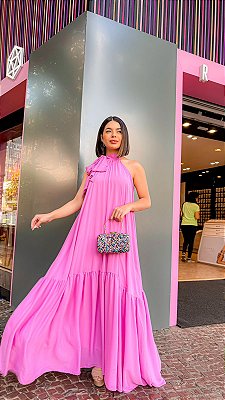 VESTIDO LONGO CREPE GOLA ALTA FAIXA AMARRAÇÃO ROSA BEBÊ