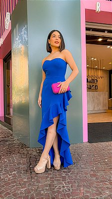 VESTIDO MULLET TOMARA QUE CAIA BABADO ASSIMÉTRICO AZUL ROYAL