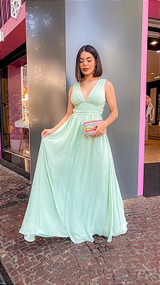 VESTIDO LONGO CREPE ALÇA LARGA PALA CINTURA DECOTE V VERDE TIFFANY