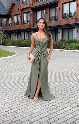 VESTIDO LONGO PRADA ALÇA BRILHO NO FRONTAL VERDE OLIVA