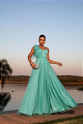 VESTIDO LONGO MICROTULE ALÇA FINA ESTILO CORPETE LAÇO VERDE CLARO AF