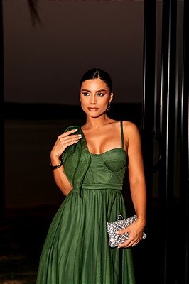 VESTIDO LONGO MICROTULE ALÇA FINA ESTILO CORPETE LAÇO VERDE OLIVA AF