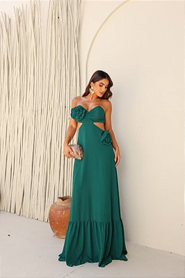 VESTIDO LONGO CHIFFON TAMARA QUE CAIA COM FLOR VERDE FLORESTA RECORTE LATERAL JML
