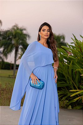VESTIDO LONGO CHIFFON MANGA CAPA UM OMBRO SÓ FAIXA ACINTURADA AZUL SERENITY AX