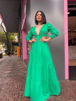 VESTIDO LONGO VERDE AGUA DECOTE V MANGA BUFANTE E RECORTES