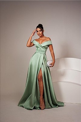 VESTIDO LONGO ZIBELINE DECOTE TRANSPASSADO FAIXA NA CINTURA E FENDA VERDE CLARO AX