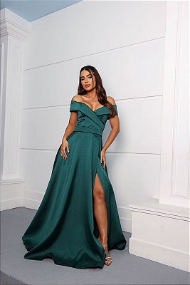 VESTIDO LONGO ZIBELINE DECOTE TRANSPASSADO FAIXA NA CINTURA E FENDA VERDE FLORESTA AX