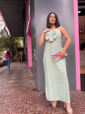 VESTIDO LONGO TRICOLINE RETO COM FENDA E BOLSOS LATERAIS FLOR REMOVÍVEL VERDE CLARO