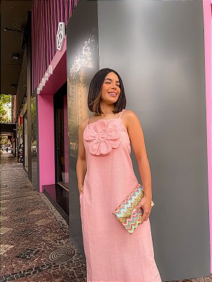 VESTIDO LONGO TRICOLINE RETO COM FENDA E BOLSOS LATERAIS FLOR REMOVÍVEL ROSÊ