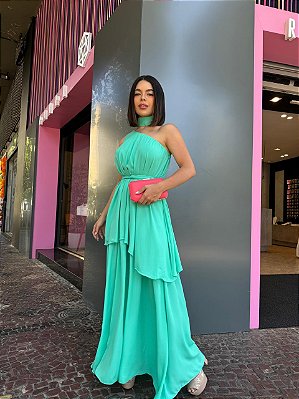 VESTIDO LONGO CHIFON COM TOQUE DE SEDA OMBRO SÓ COM DETALHE PESCOÇO CAM TIFANNY