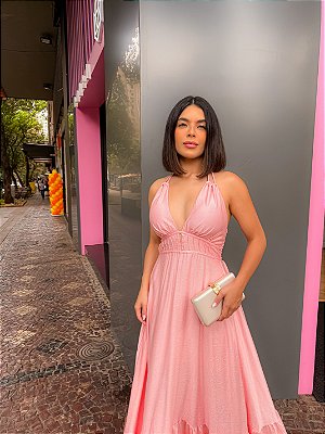 VESTIDO LONGO CREPE DECOTE V DETALHE GOTA COM AMARRAÇÃO ROSÊ CAM