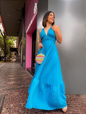 VESTIDO LONGO CREPE DECOTE V DETALHE GOTA COM AMARRAÇÃO AZUL COBALTO CAM