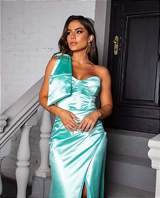 VESTIDO LONGO ZIBELINE CORPETE UM OMBRO SÓ C/LAÇO E FENDA VERDE MENTA JM