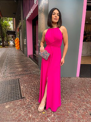 VESTIDO LONGO CREPE FRENTE ÚNICA GOTA CINTURA TRANSPASSADA FENDA FRONTAL PINK