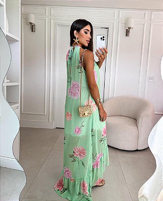 VESTIDO LONGO CHIFFON FRENTE ÚNICA COSTAS AMARRAÇÃO VERDE FLORAL