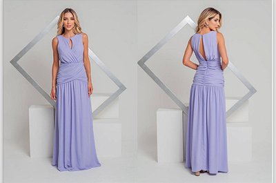 VESTIDO LONGO CREPE DECOTE GOTA DRAPEADO CINTURA LILAS PADR