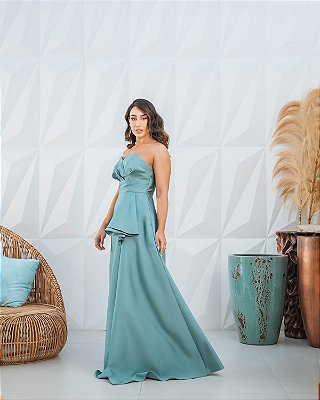 VESTIDO LONGO ZIBELINE TOMARA QUE CAIA MEIA FAIXA LATERAL FENDA VERDE