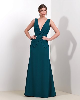 VESTIDO LONGO CREPE DE MALHA DECOTE V NÓ TRANSPASSADO VERDE