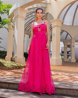 VESTIDO LONGO RENDADO ALCINHA RECORTE NO BUSTO PINK