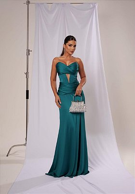 VESTIDO LONGO PRADA COM ELASTANO TOMARA QUE CAIA RECORTE COM TULE E DRAPEADO NA CINTURA VERDE