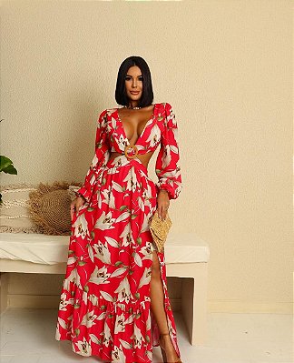 VESTIDO LONGO CREPE MANGA LONGA VAZADO CINTURA DETALHE FIVELA PINK FLORAL