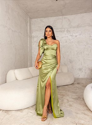 VESTIDO LONGO TRILOBAL  CORPETE UM OMBRO SÓ C/LAÇO E FENDA VERDE OLIVA JM