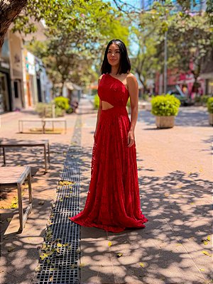 VESTIDO LONGO RENDADO UM OMBRO SÓ RECORTE NA CINTURA VERMELHO