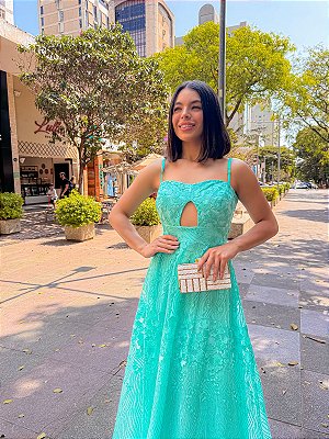 VESTIDO LONGO RENDADO ALCINHA RECORTE NO BUSTO VERDE TIFFANY