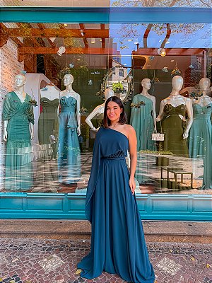 VESTIDO LONGO CHIFFON MANGA CAPA UM OMBRO SÓ FAIXA ACINTURADA VERDE FLORESTA AX