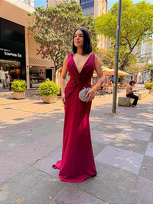 VESTIDO LONGO CREPE DE MALHA DECOTE V NÓ TRANSPASSADO MARSALA
