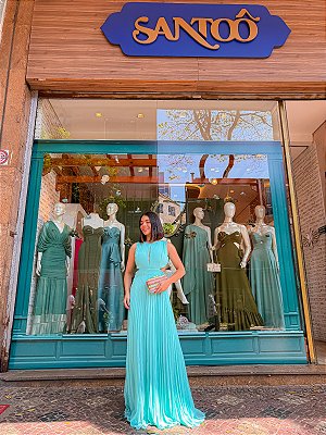 VESTIDO LONGO CHIFFON PLISSADO VAZADO NAS LATERAIS SAIA PLISSADA VERDE TIFFANY BN