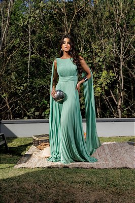 VESTIDO PLISSADO COSTA NUA COM CAPA PLISSADA VERDE CLARO