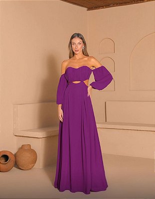 VESTIDO LONGO CHIFON TOMARA QUE CAIA MANGA ABERTURA CINTURA FUCSIA