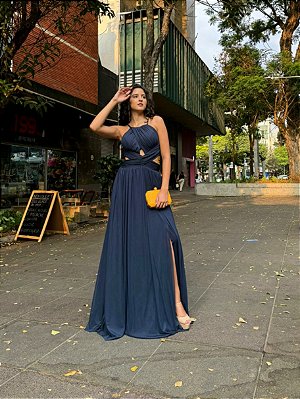 VESTIDO LONGO MICROTULE FRENTE UNICA DECOTE CINTURA TRANSPASSADO FENDA LATERAL AZUL MARINHO