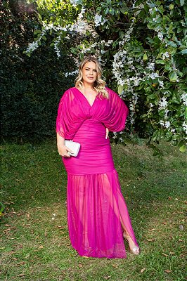 VESTIDO LONGO MICROTULE TODO DRAPEADO COM MANGA FUCSIA