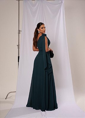 VESTIDO CREPE DE SEDA UM OMBRO DRAPEADO COM FLOR E CAPA VERDE PETROLEO