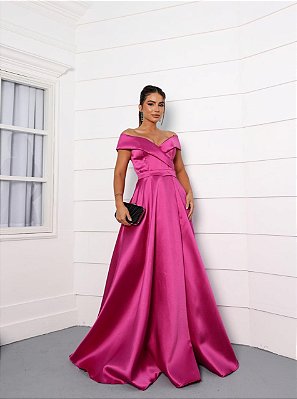 VESTIDO LONGO ZIBELINE DECOTE TRANSPASSADO FAIXA NA CINTURA E FENDA PINK AX